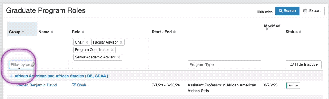 A GIF showing the process of filtering for Faculty roles in PRM
