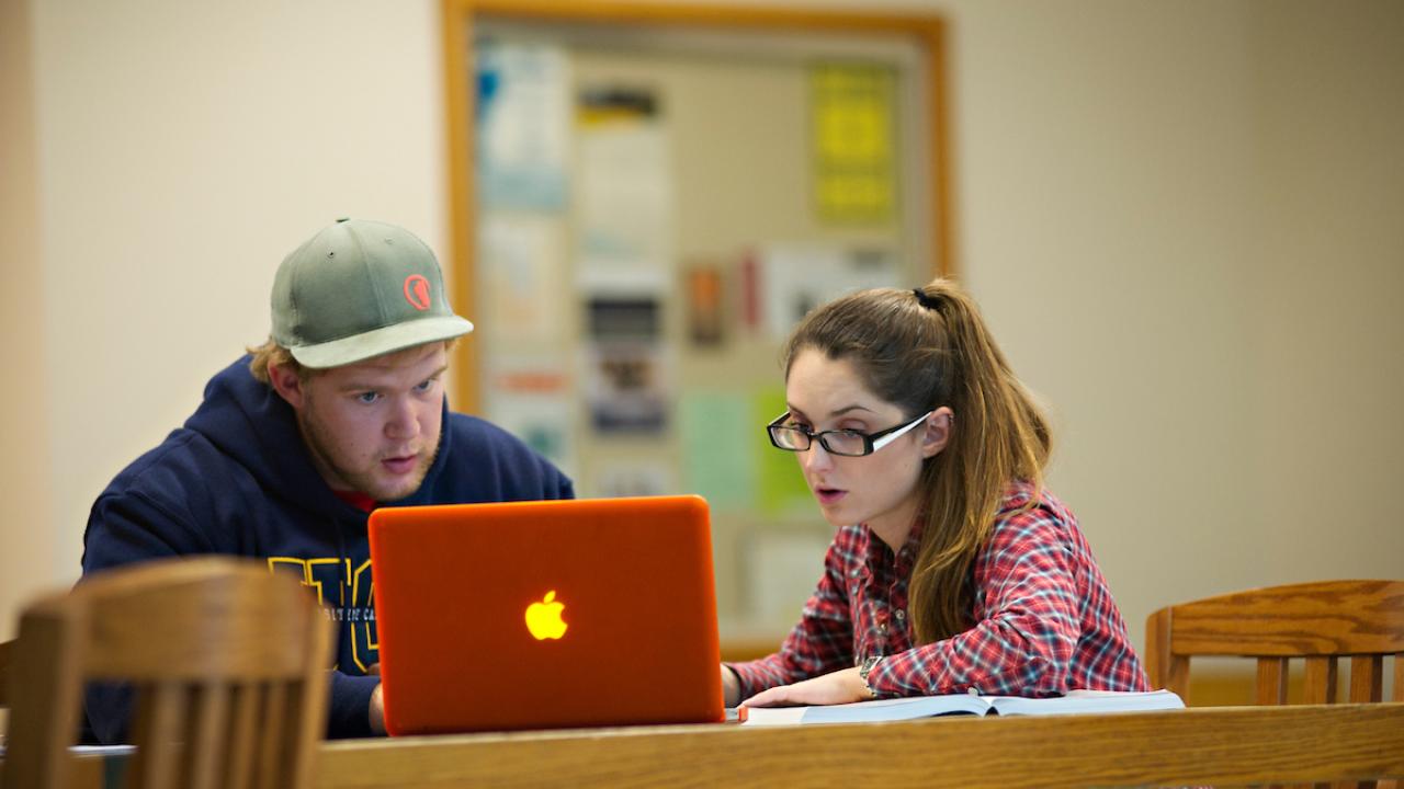 Left to right: Ryan Newland, a junior Managerial Economics major works on his Calculus homework with his tutor, Alicia Fiebig, a Math graduate student in the lobby of Shields Library on the UC Davis campus.