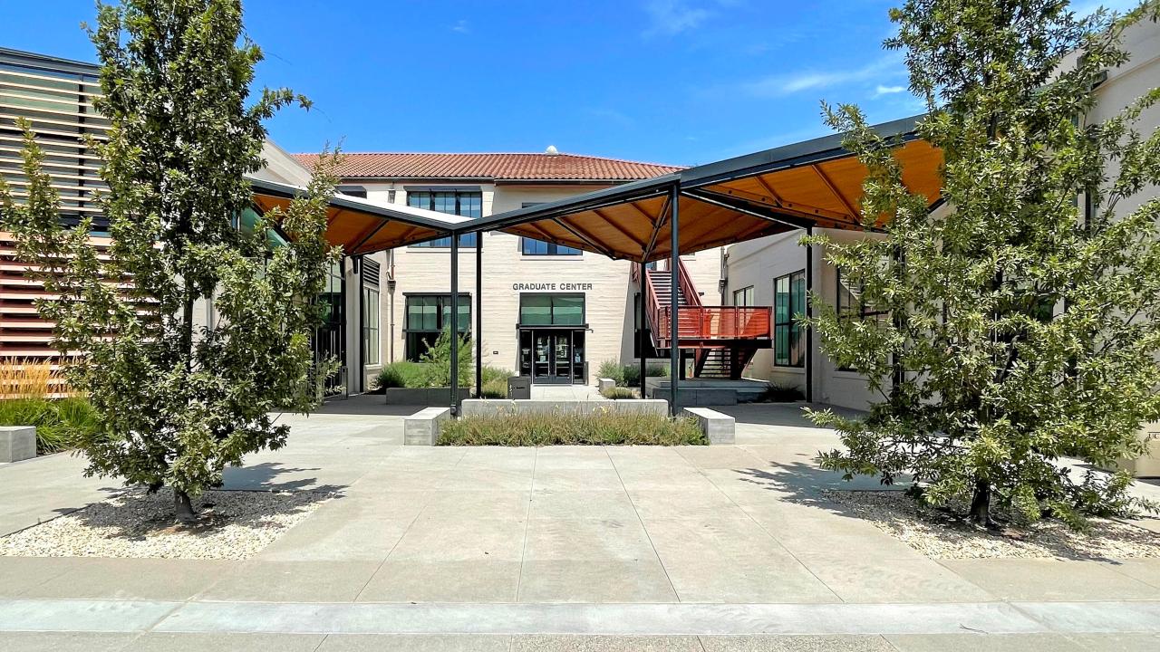 Modern building courtyard with wooden canopy, benches and small trees under blue sky
