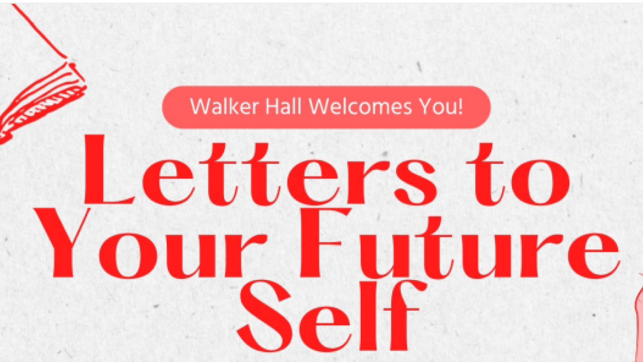 Graphic: "Letters to Your Future Self" red text, gray background, red book sketches.