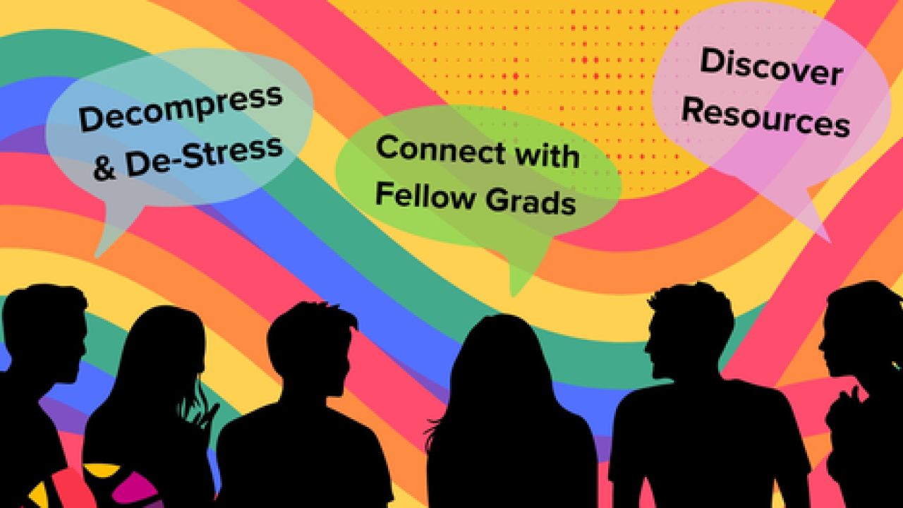 Silhouettes of people chatting are overlayed above rainbow wavy lines on the bottom half of the poster. 3 speech bubbles coming from the silhouettes read “Decompress & De-Stress”, “Connect with Fellow Grads”, “Discover Resources.”