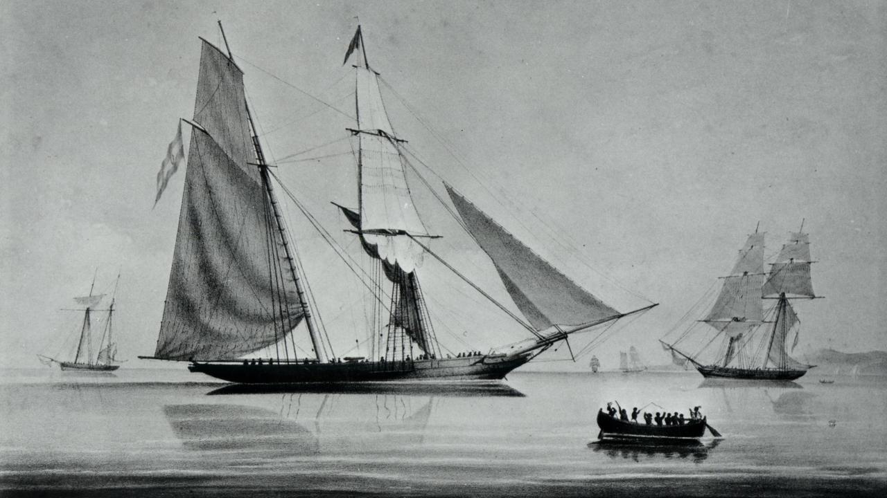 An illustration from the early 19th century shows a slave ship and canoe carrying enslaved Africans. (Public domain, CC by 4.0)