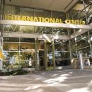 Students walking in front of the International Center.