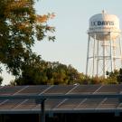 The UC Davis Water Tower with the parking lot solar panels.