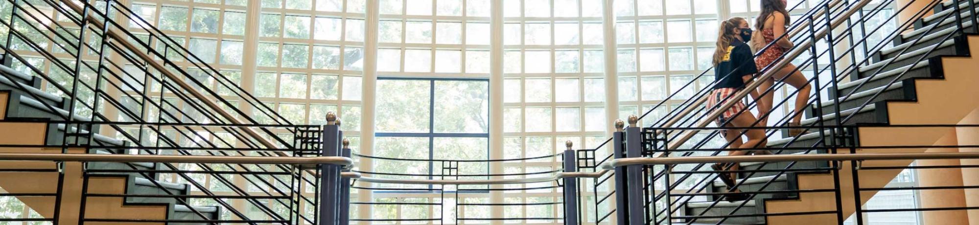 Students climb the stairs in the Shield's Library. 