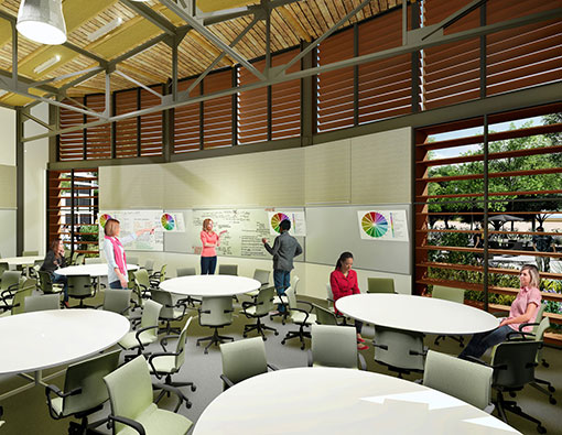 Rendering of an interior common space inside the new Graduate Center. 